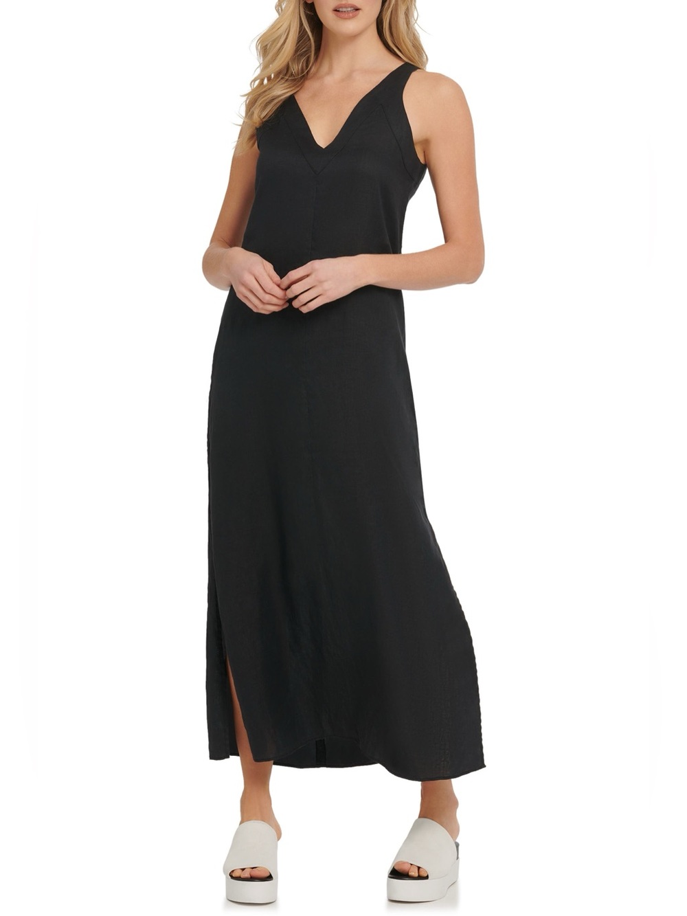 DKNY Black Linen Blend Maxi Dress Womens S Sleeveless VNeck Long Beach Travel